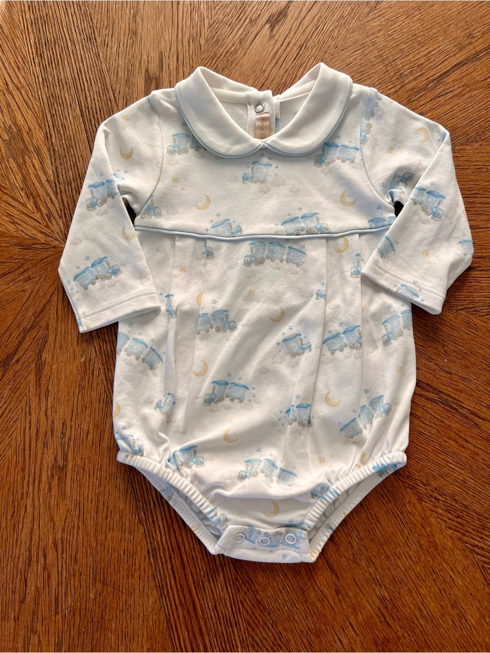 Baby Club Chic | Classic Peter Pan Collar Baby One-Piece in Light Blue and Cream